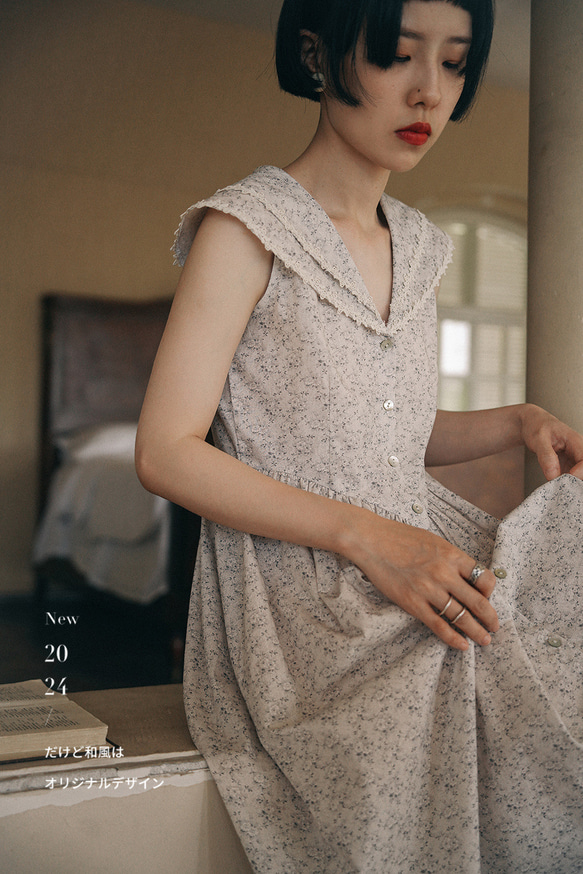 レトロ花柄二層レースVネック花柄ドレスサマーノースリーブスカート