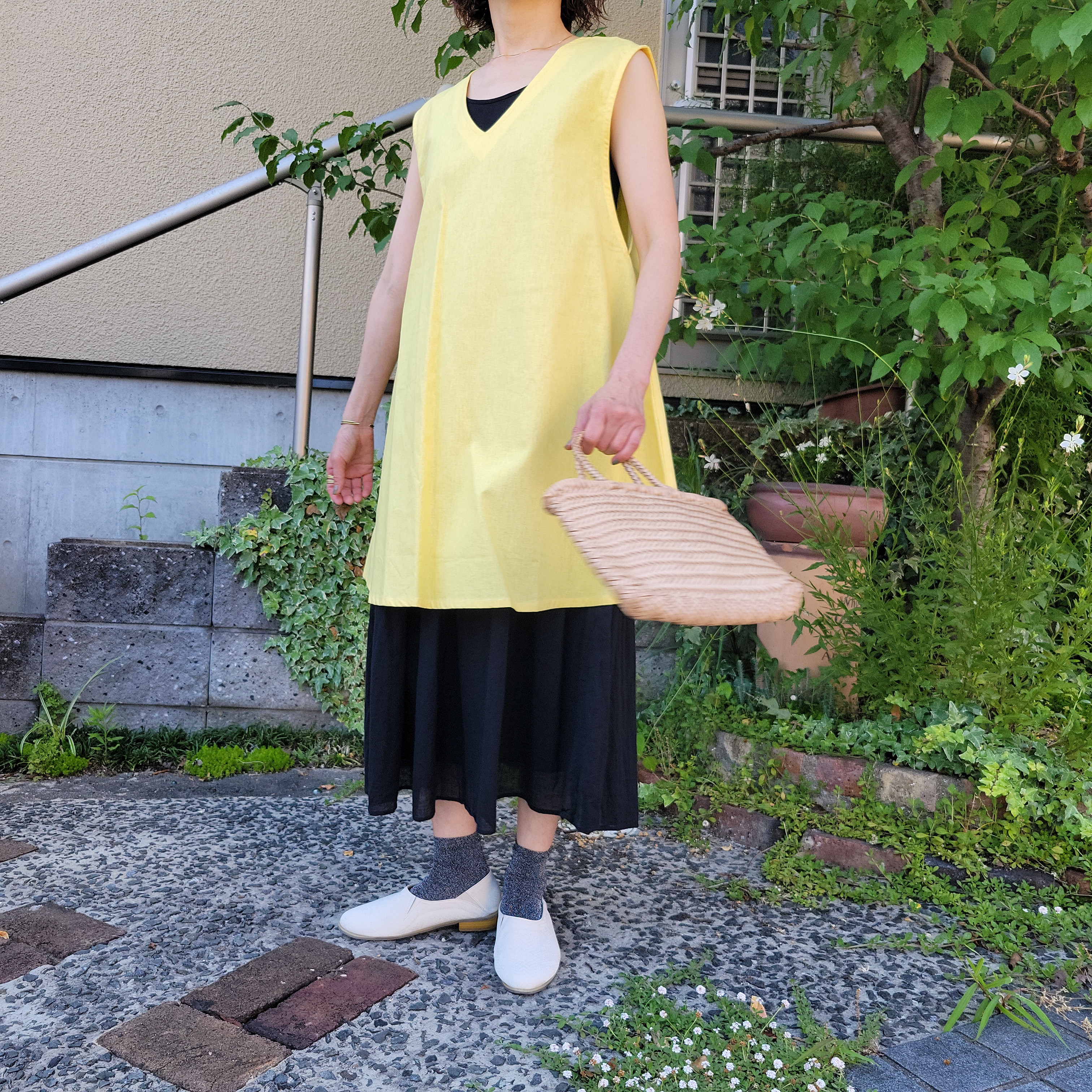 【即納】飾らず女性らしさを演出♪リネン混フレアチュニック イエロー