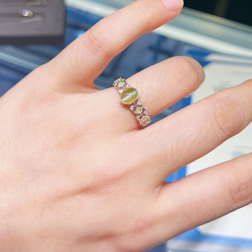 猫」天然クリソベリルキャッツアイ K18 天然ダイヤモンド リング 1.1ct 