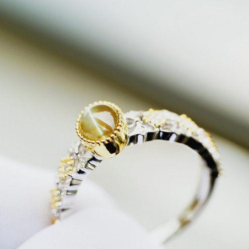 猫」天然クリソベリルキャッツアイ K18 天然ダイヤモンド リング 1.1ct 