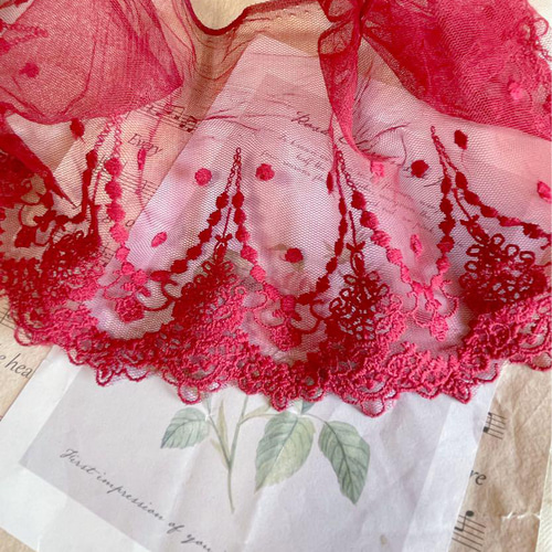 B352 レッド色ドット柄チュールレース生地 手芸用品 レース ʚmummyɞ