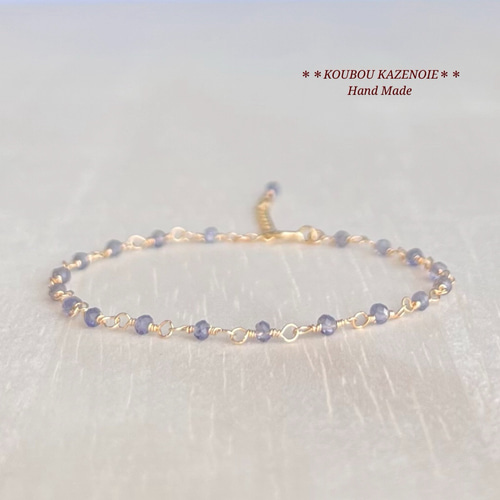 天然石ビーズブレスレット 高品質◇小さな天然石ビーズの14kgfアンクレット◇アイオライト