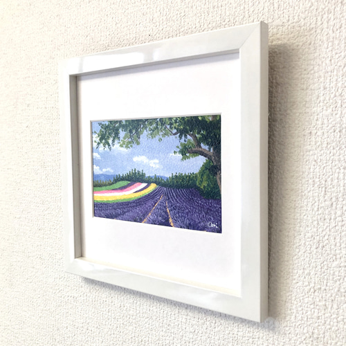 ラベンダー畑」アクリル画 原画 風景画 額縁付 ハガキサイズ