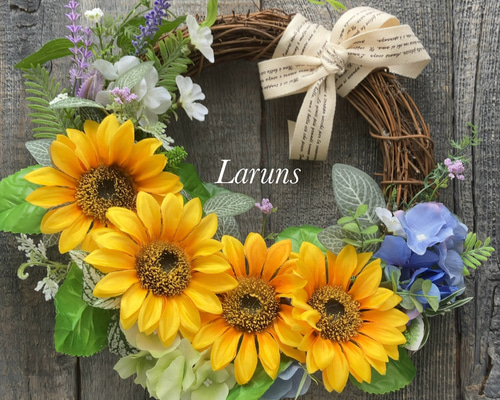 夏ひまわりと紫陽花とラベンダーのサマーリース プロバンス風玄関