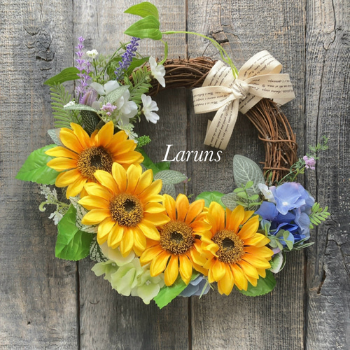 夏ひまわりと紫陽花とラベンダーのサマーリース プロバンス風