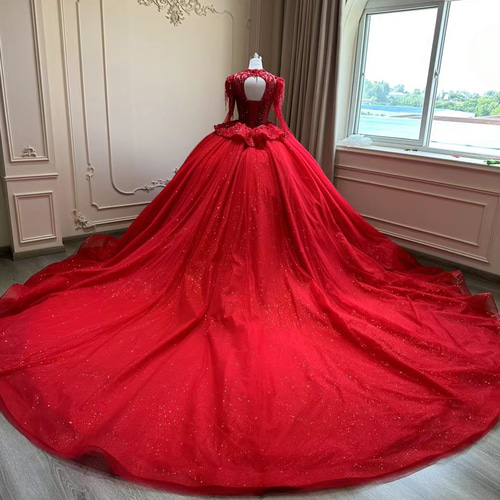 鮮やかな赤色 カラードレス 約5号 日本製 ドレス チュール [S155