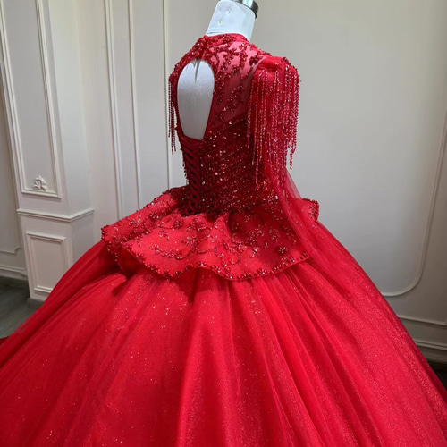 送料無料 赤色 高品質保証 カラードレス 贅沢編み上げ サイズオーダー