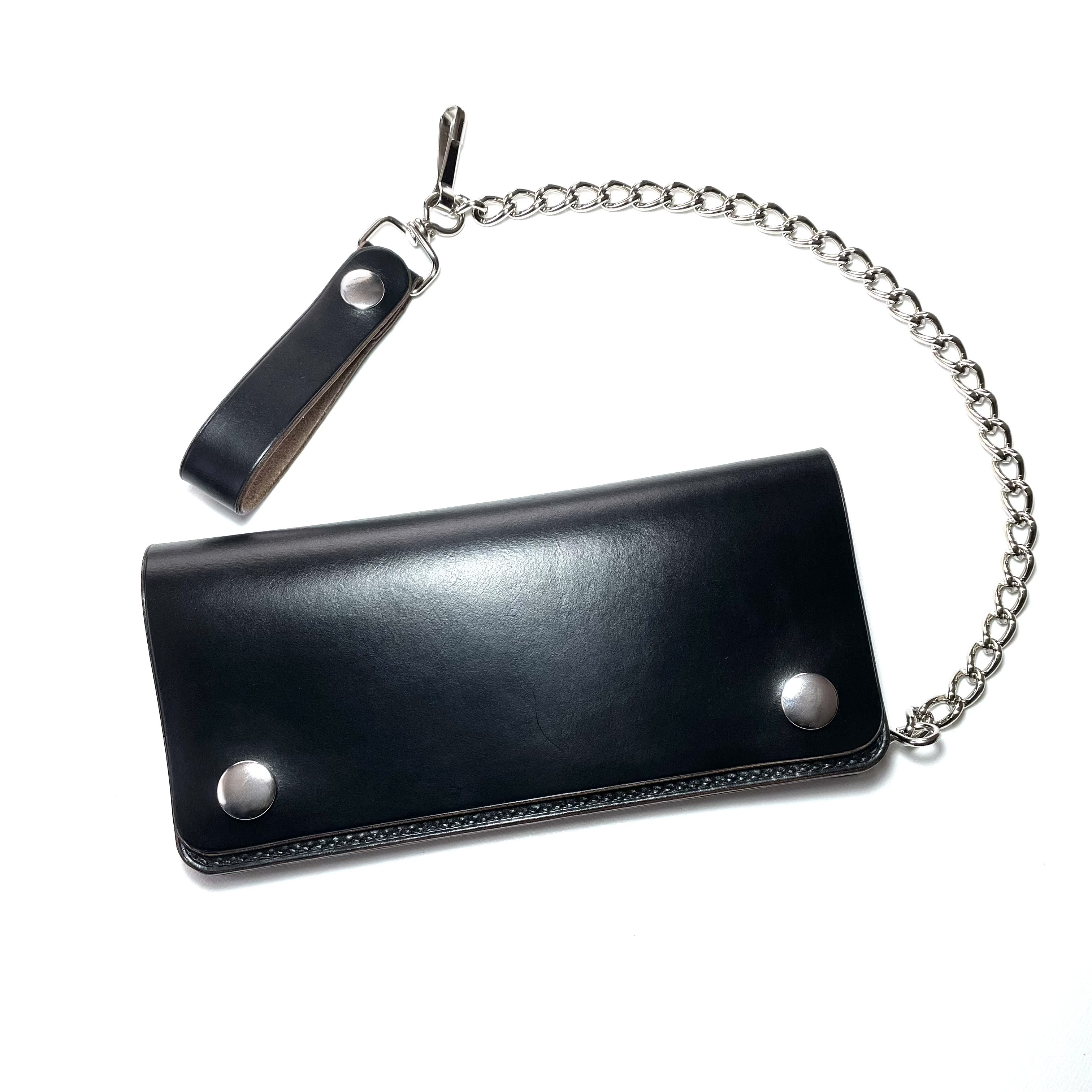 クロムエクセルレザー　トラッカーウォレット　ヴィンテージタロンジッパー　ロウ付けチェーン付き　長財布　ブラック