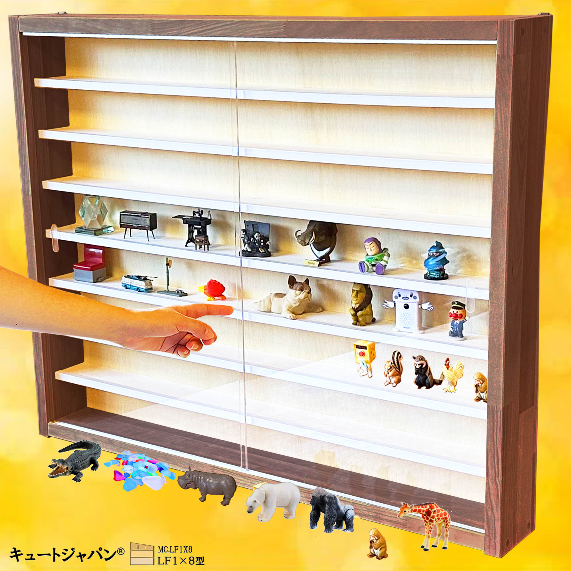 コレクション フィギュアケース ラック シェルフ アクリル付 マホガニ色塗装 ミニチュアフィギュア 収納ケース アクリル障子付 マホガニ色