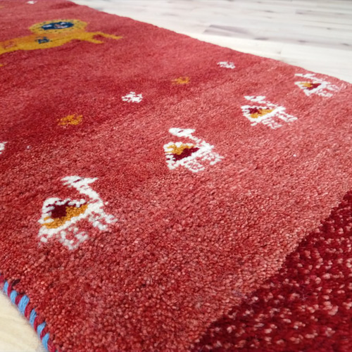 特価25％OFF】ペルシャ ギャッベ ランナー中 143×50cm 茜色 ライオン