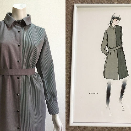 【1点もの・デザイン画付き】ゴブラン織り＆尾州ウール生地ワンピース 1点もの・デザイン画付き】ベルト付きゴブラン織りシャツ型
