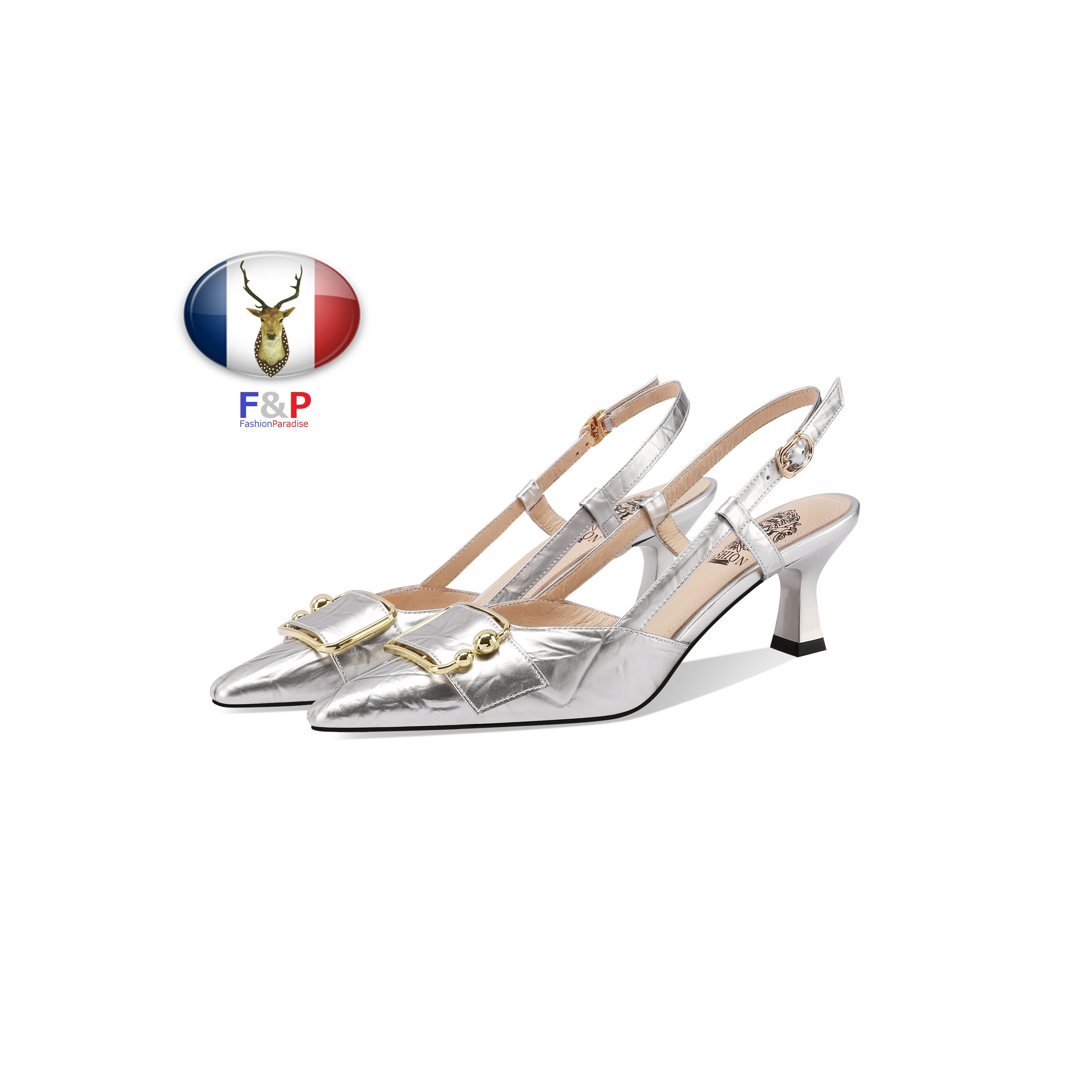 ポインテッドトゥ金属調ハラコレザーベルテッドバックストラップサンダルパンプス全2色