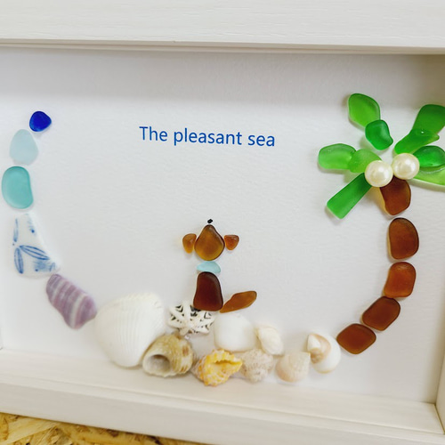 海☆ヤシの木☆ワンちゃん〉シーグラスアート - 犬モチーフ＊貝殻