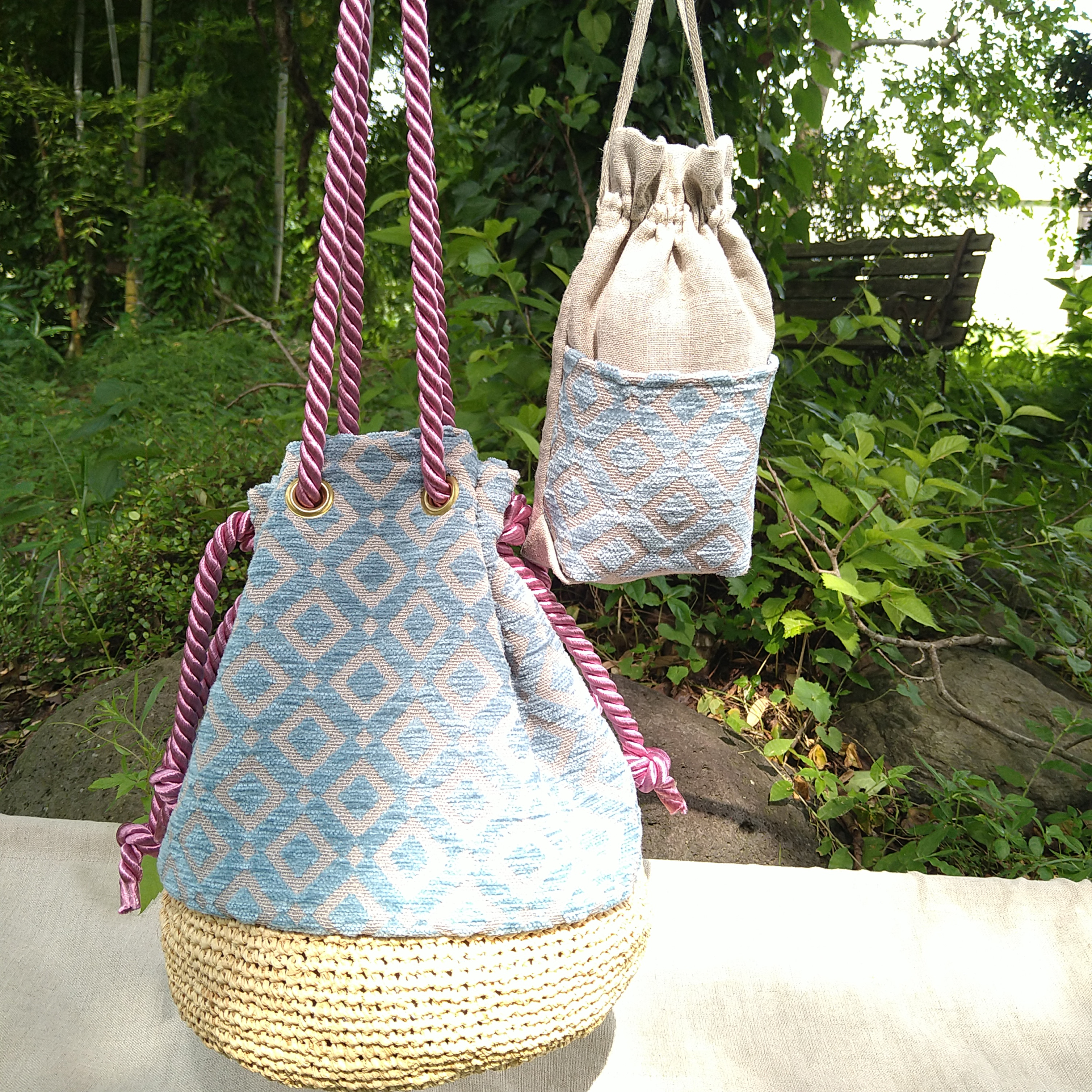 ＊夏の福袋＊ラフィアとインポートファブリックの　Rope Drawstring Bag（Smokeypink）