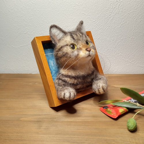 羊毛フェルト 猫 キジ猫 BOXフレーム 羊毛フェルト キジトラ ねこ フレーム猫 羊毛フェルト にじいろ