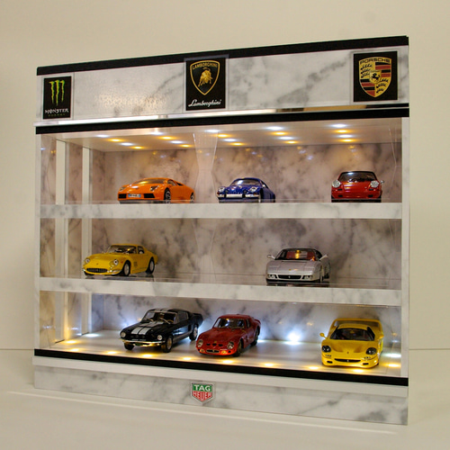 1/18展示2〜3台可・白黒大理石＆円状照明・ディスプレーBOX /ネオ