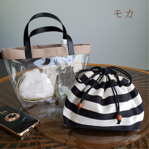 クリアバッグ○トートバッグ○巾着付き○ボーダー柄巾着○ブラック