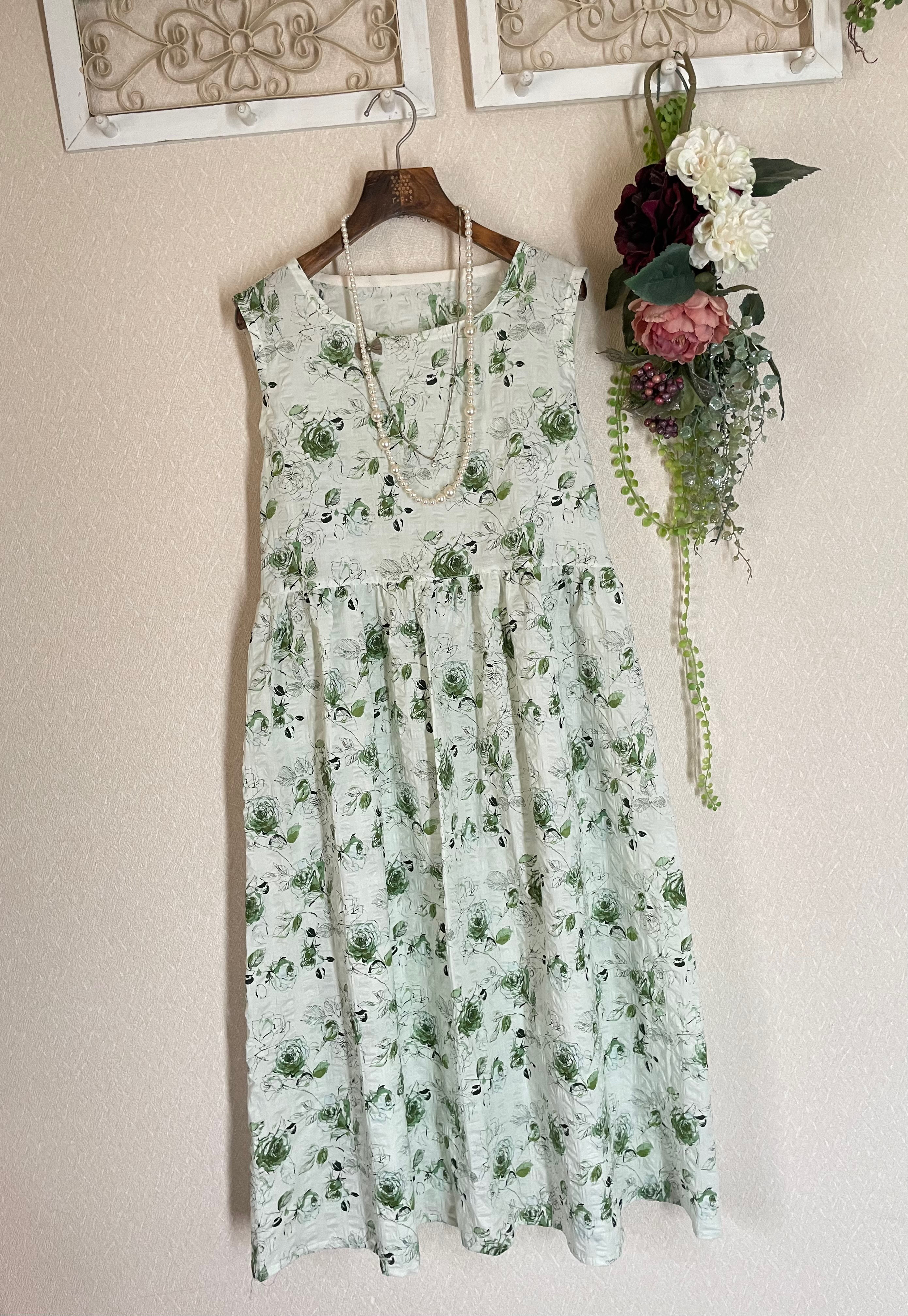 ~夏の装い~清楚なローズノースリーブ切替ワンピース