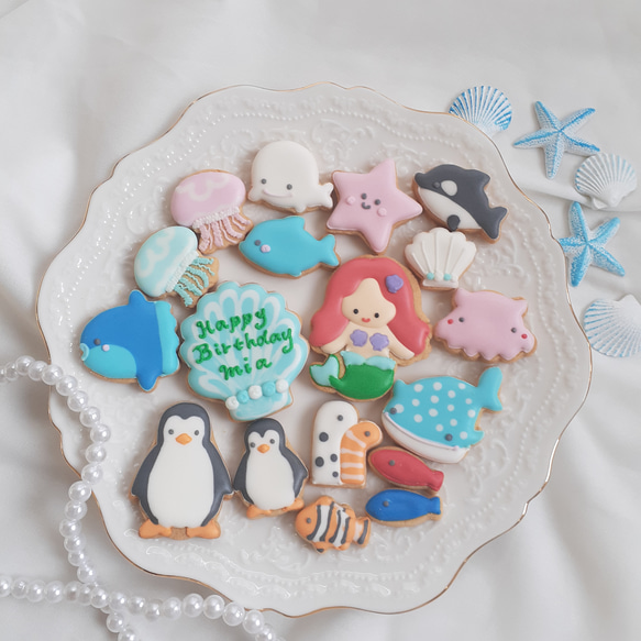【誕生日　記念日に】人魚姫と海の仲間たち　アイシングクッキーセット 10枚目の画像