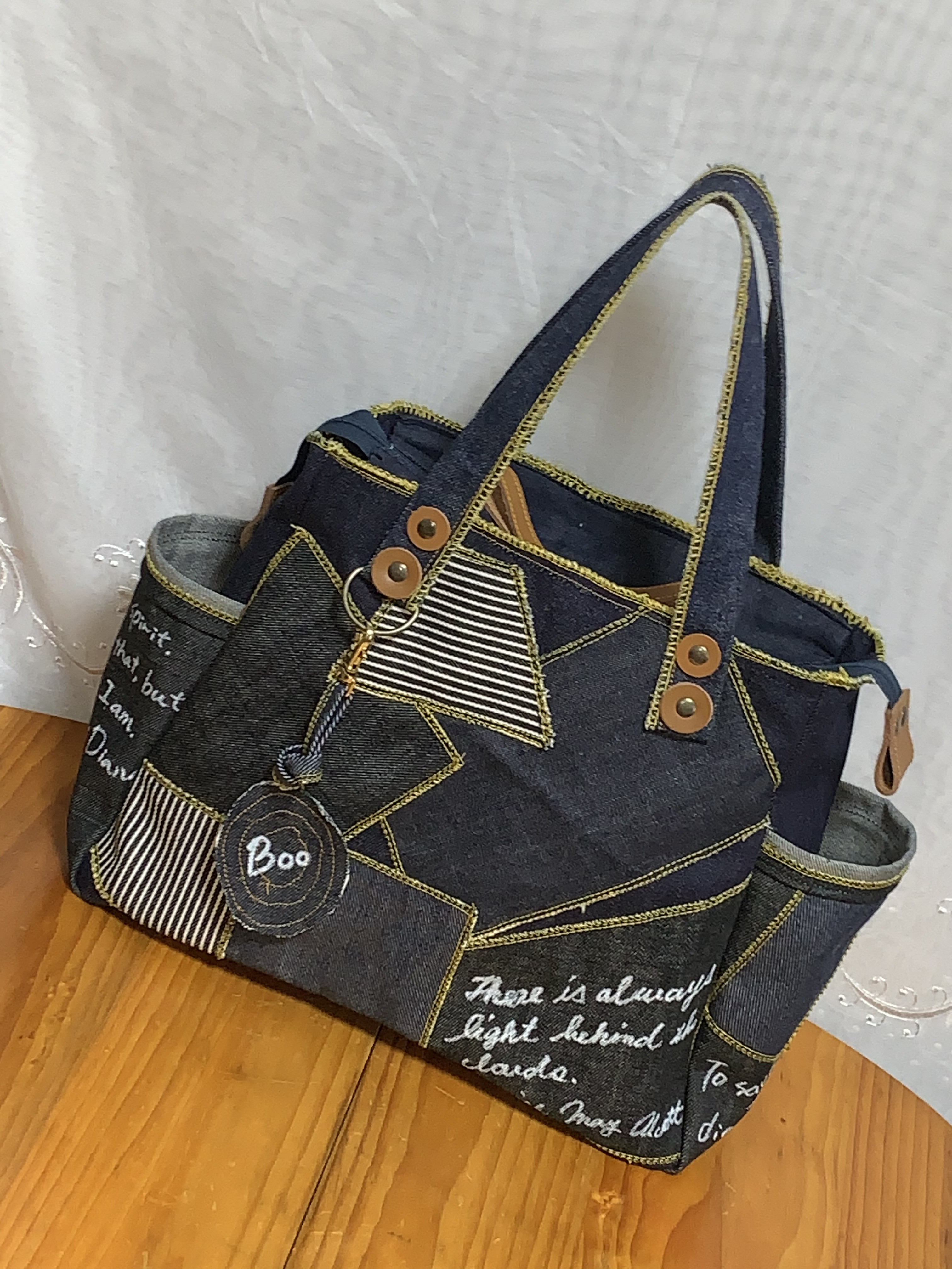 セール中☆岡山デニム☆☆パッチワーク☆☆3wayころりんバッグ ハンドメイド☆ 岡山デニム♪パッチワーク♪トートバッグ受注製作