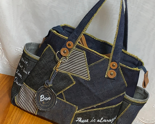 セール中☆岡山デニム☆☆パッチワーク☆☆3wayころりんバッグ ハンドメイド☆ 岡山デニム♪パッチワーク♪トートバッグ受注製作