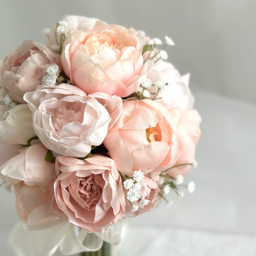 ピオニーとローズのブーケ 芍薬 バラ コーラルピンク 造花ブーケ