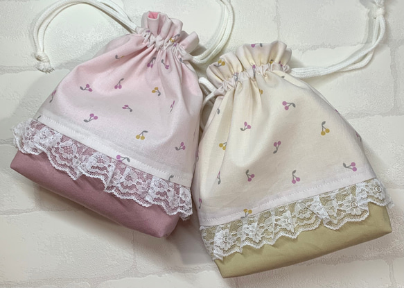 受注製作】フリル 巾着 コップ袋 チェリー さくらんぼ New