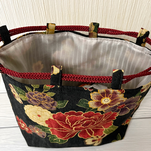 巾着袋 髪飾り 和柄 花柄 黒 浴衣 ハンドメイド 浴衣巾着 巾着