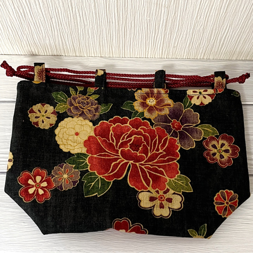 巾着袋 髪飾り 和柄 花柄 黒 浴衣 ハンドメイド 浴衣巾着 巾着