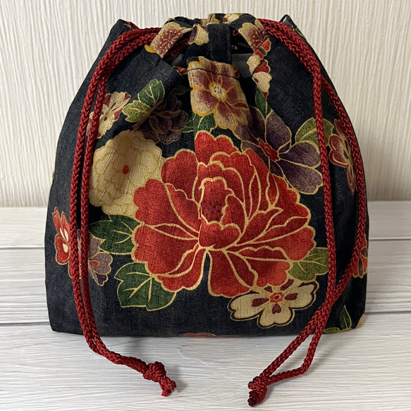 巾着袋 髪飾り 和柄 花柄 黒 浴衣 ハンドメイド 浴衣巾着 巾着
