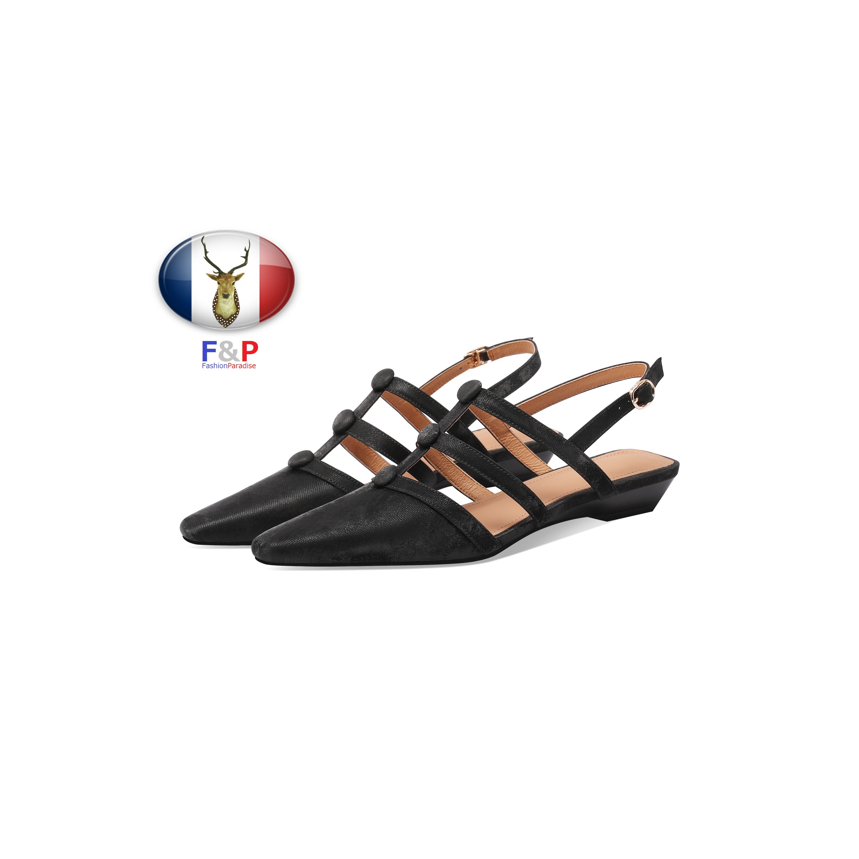 スクエアトゥハラコレザーバックストラップサンダルパンプスローヒール全2色 10,127円