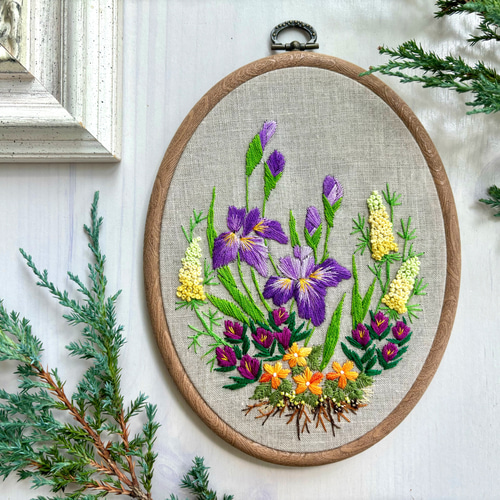 受注製作》アヤメ＆ルピナス Iris sanguinea ＆Lupinus Garden 手刺繍