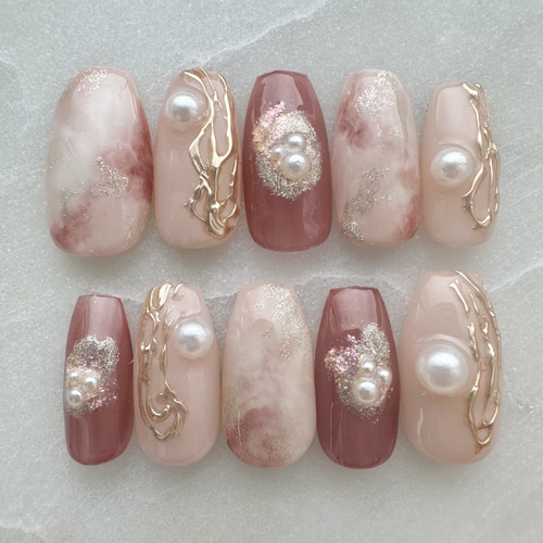 大人上品ネイルチップ/ローズクォーツ天然石ネイル/ニュアンスネイル