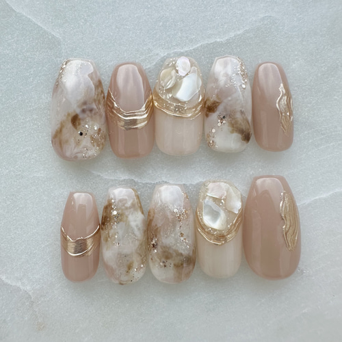 ナチュラルシェル ネイルチップ 大人上品ネイルチップ/天然石ネイル/ヌーディーカラー/シェルネイル/夏