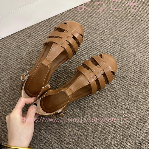 レトロな日系ブラウンの森ガールフラット編みバンダナサンダルローマン