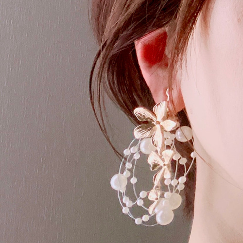 ピアス / イヤリング 2WAY パールシャワー ゴールド フラワー