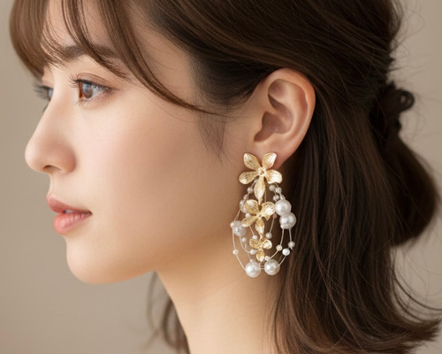 ピアス / イヤリング 2WAY パールシャワー ゴールド フラワー 結婚式