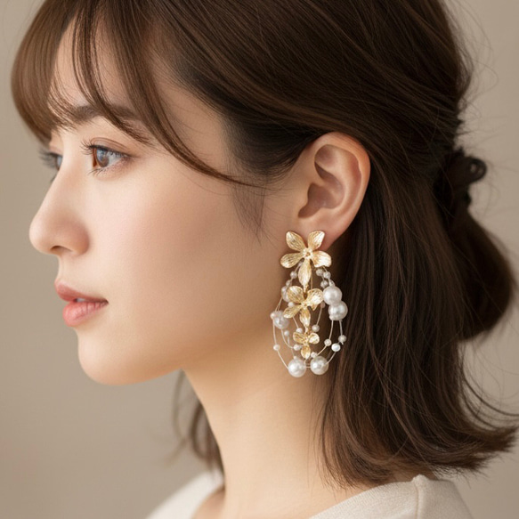 #1071A 再販 パール シャワー タッセル ハンドメイド ピアス イヤリング 1071 再販 パール シャワー タッセル ハンドメイド ピアス イヤリング