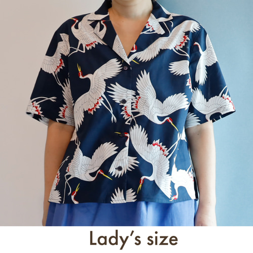 アロハシャツ 鶴柄 青 メンズ サイズL メンズサイズ キモノチックな鶴のプリント ネイビー アロハ