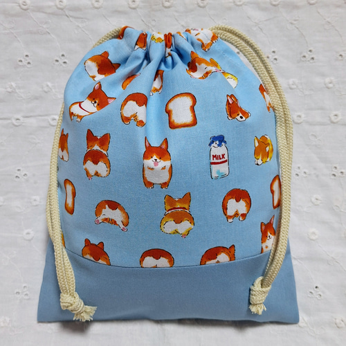 ハンドメイド、ワンちゃん、食パン柄の給食袋、巾着袋、コップ入れ  