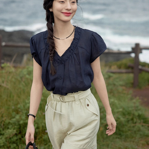 Vネックギャザー入りブラウス 半袖ブラウス ブラウス hellodream 通販