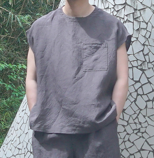 ノースリーブ布帛Tシャツ / 60天日干しリネン100% メンズ ユニセックス
