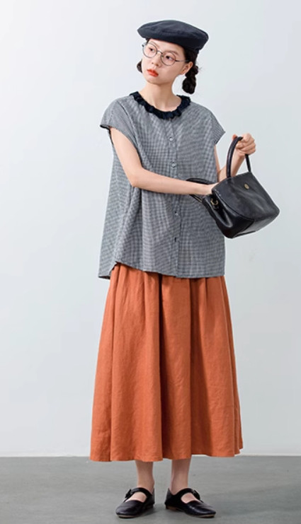 ロングスカート　横ピンタック入り　リネンスカート