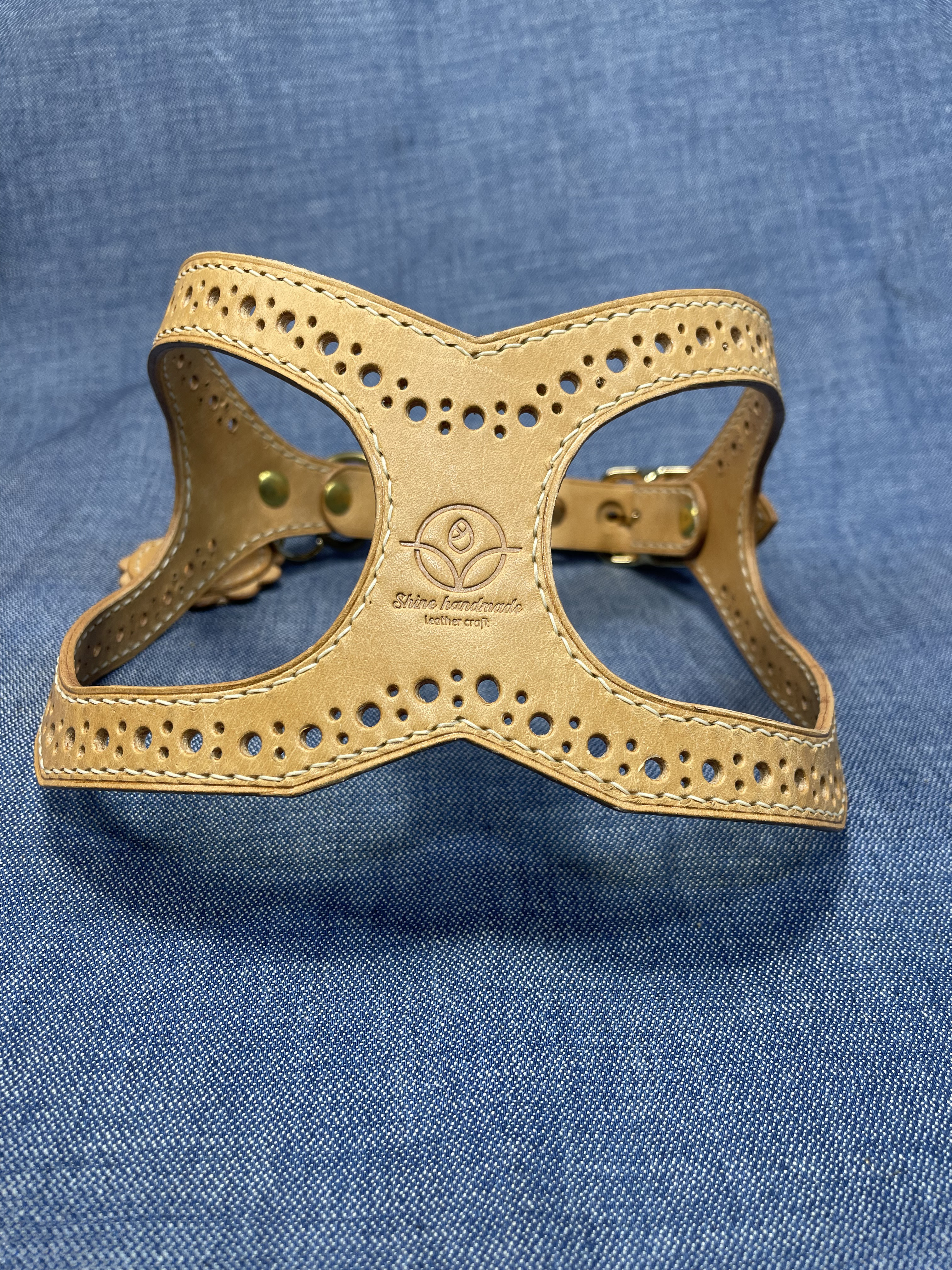 ドッグハーネス　イタリアンレザー（ウッドチップ調）　迷子札付き