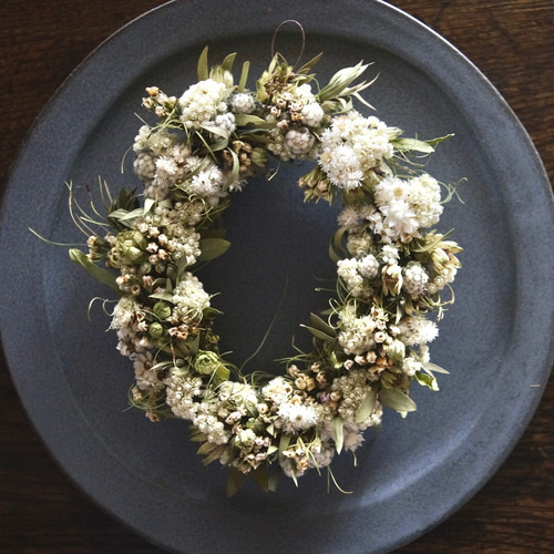 白い小花のオーバルリース ドライフラワーリース プレゼントにも】白い