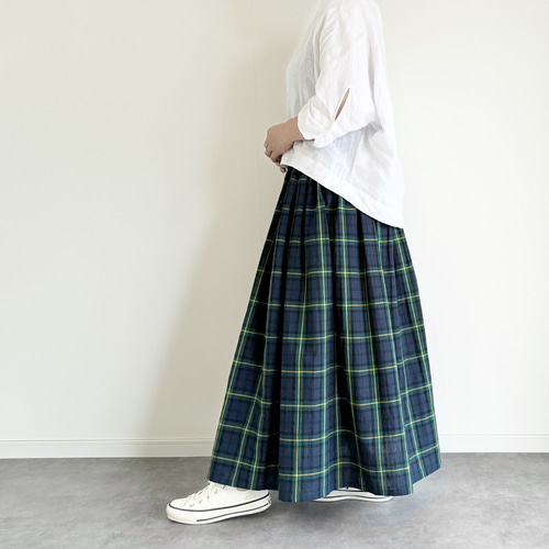 Drawer グリーンチェックギャザースカート　フレア　コットン Drawer グリーンチェックギャザースカートフレアコットン