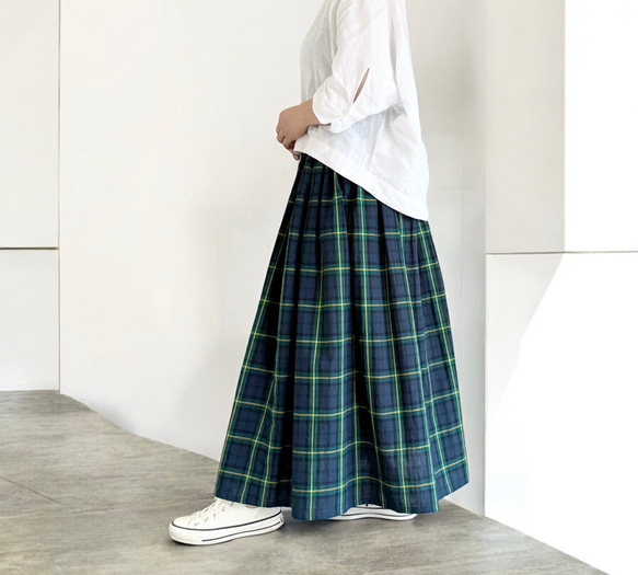 播州織グリーン×ネイビータータンチェックのリネンギャザースカート