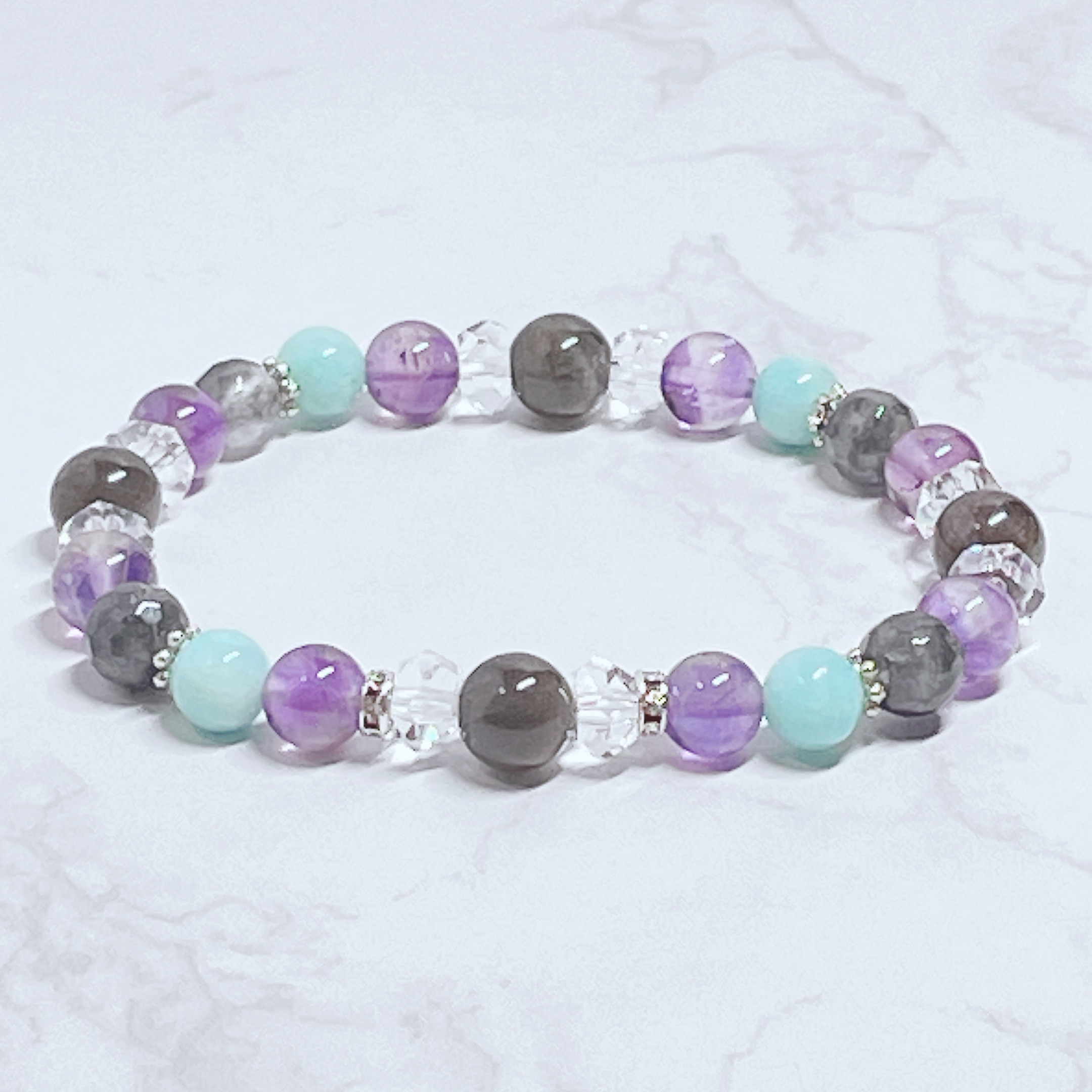 ✦依存から脱却！新たな一歩を踏み出す スキャポライト・アメジスト・アマゾナイト 天然石 ブレスレットNo688再