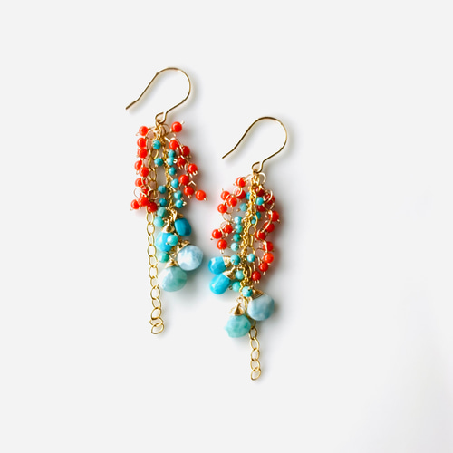 no.4289　レッドコーラル×ヘマタイト║ピアス/イヤリング║ステンレスピアス no.4289 レッドコーラル×ヘマタイト║ピアス/イヤリング