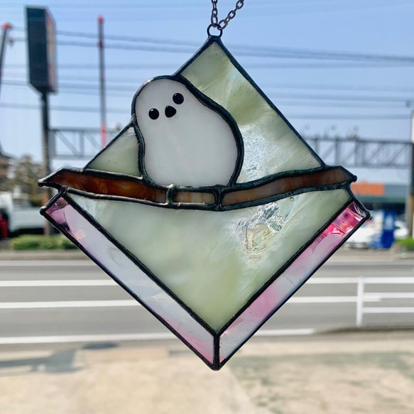 シマエナガのサンキャッチャー ステンドグラス ガラス パネル